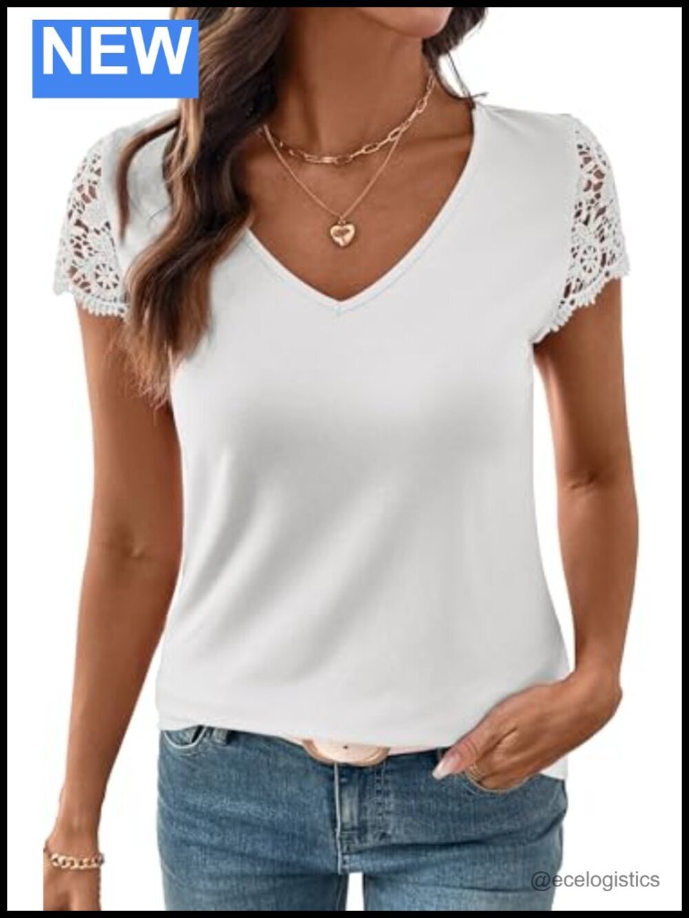 Lace V-Neck Short Sleeve Loose Tunic Top, Soft Stretch Knit